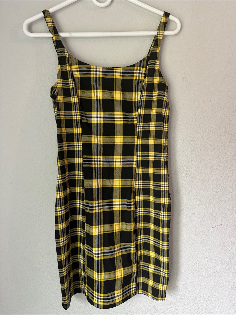 Divided Black and Yellow Plaid Mini Slip Dress